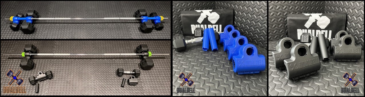 dualbell shown as complete set and connecting dumbbells to a barbell